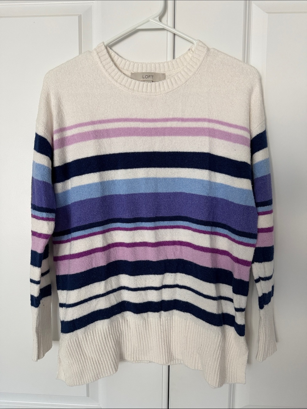 LOFT Cream Crewneck Sweater with Purple, Navy & Light Blue Stripes